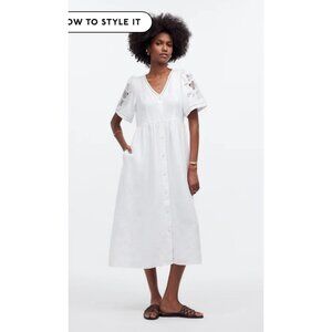 Madewell $148 Cassie Button-Front Midi Dress in Linen White Size L NQ631